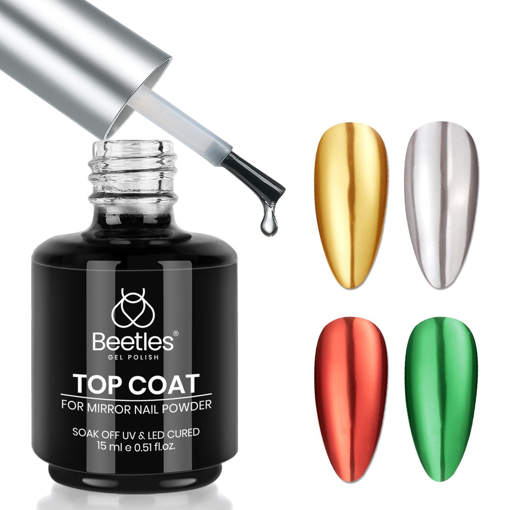 Beetles Gel Top Coat for Chrome Powder delivers long-lasting mirror shine on nails.