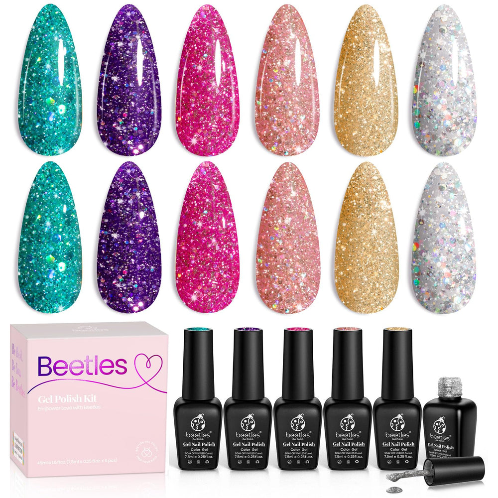 Be beetles Glitter Gel Polish kit pink-silver-platinum glitter for festive nails.