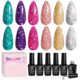 Be beetles Glitter Gel Polish kit pink-silver-platinum glitter for festive nails.