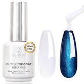 Beetles Glitter Top Coat bottle close-up showing shimmering sparkle for nails.