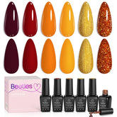 Beetles Golden Blessing collection box shows six fall gel polishes for home manicures.