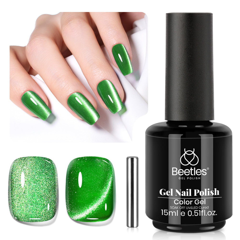 Beetles Green Cat Eye Gel Polish bottle showing emerald shimmer and magnetic potential for home nails.