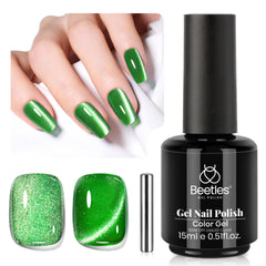 Beetles Green Cat Eye Gel Polish bottle showing emerald shimmer and magnetic potential for home nails.
