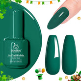 Beetles Emerald Green gel polish bottle and swatch showing long-lasting color payoff.