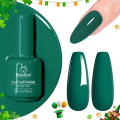 Beetles Emerald Green gel polish bottle and swatch showing long-lasting color payoff.