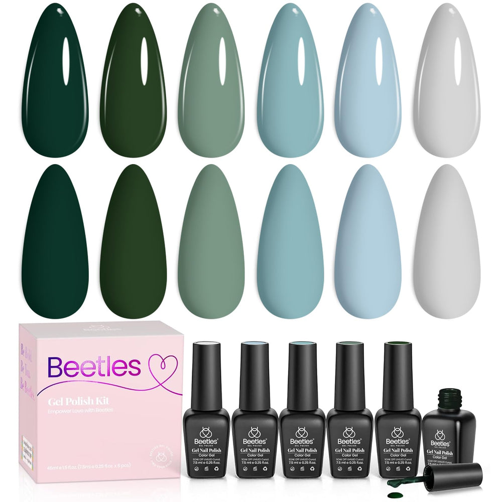 Beetles Green Gel Polish Misty Forest packaging, premium six-color set for home manicures.