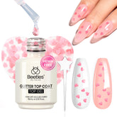 Beetles Hema-Free Pink Heart Top Coat bottle with pink glitter finish.
