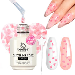 Beetles Hema-Free Pink Heart Top Coat bottle with pink glitter finish.