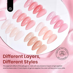 Beetles Jelly Gel nude pink swatches show sheer to opaque options