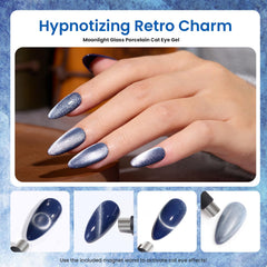 Magnet wand activates cat-eye effect for custom Nail art with Beetles.