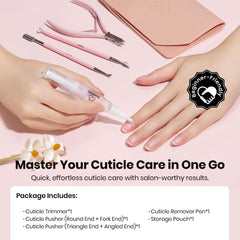 Beetles double-ended pushers (Round/Fork) for neat cuticle removal.