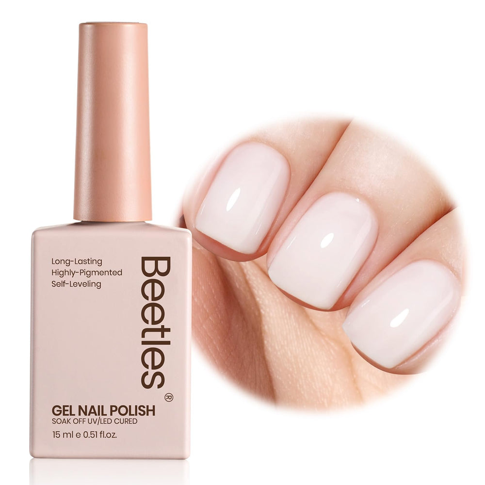 Beetles Milky White gel nail polish bottle showing translucent finish for natural look