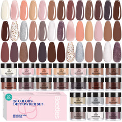 Be Beetles Nail Dip Powder Kit with 20 colors for nude, pink, and glitter finishes.