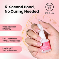 Beetles Press On Nail Glue 10ml quick-drying formula in use on fake nails.