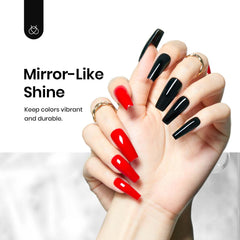 Beetles glossy finish on nails under lamp demonstrates long-lasting shine