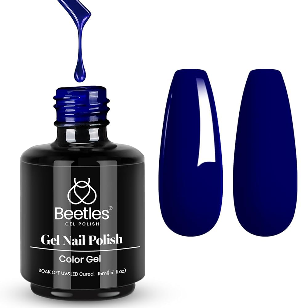 Beetles navy blue gel nail polish bottle closeup for vibrant color.