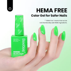 Beetles Neon Green Gel Polish cap and bottle—sleek display for easy shade identification