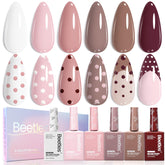 Beetles Neutral gel polish set shown in six colors for versatile home manicures.