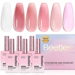 Beetles Nude Gel Nail Polish set pack shot showing six colors for buildable nude looks