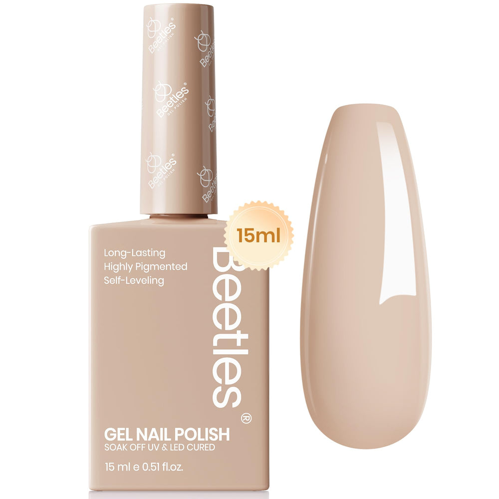 Beetles Nude Gel Polish bottle showing long-lasting nude color for chic nails.