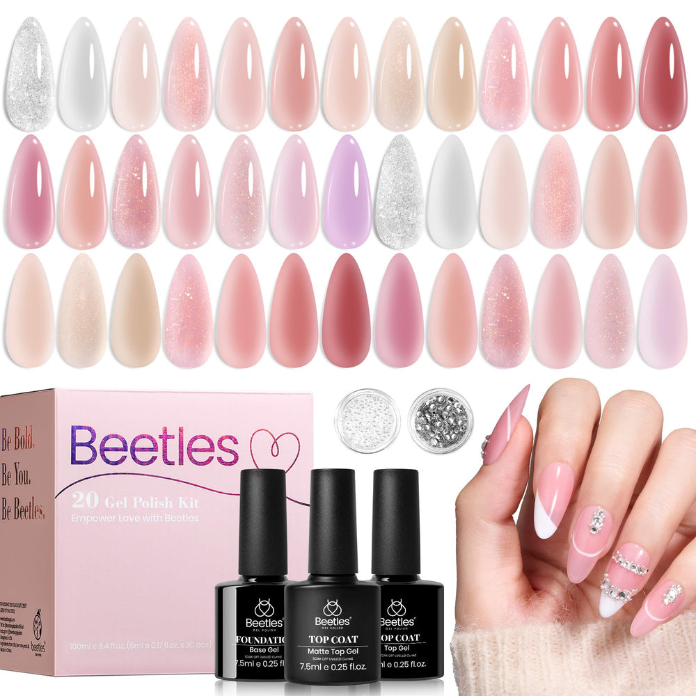 Beetles nude pink gel nail kit collection with 20 jelly shades for versatile looks.