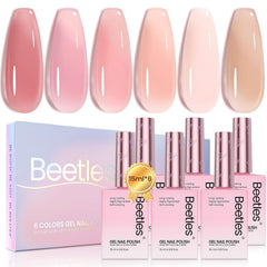 Beetles Nude Pink Gel Nail Set swatches show six sheer shades for versatile looks
