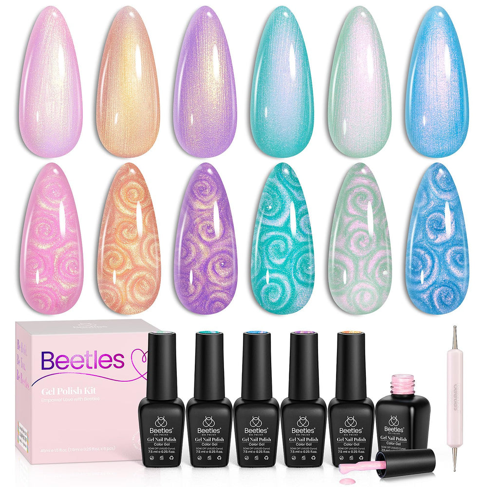 Beetles Pearl Gel Polish six-color swatch with shimmering finishes for chic manicures.