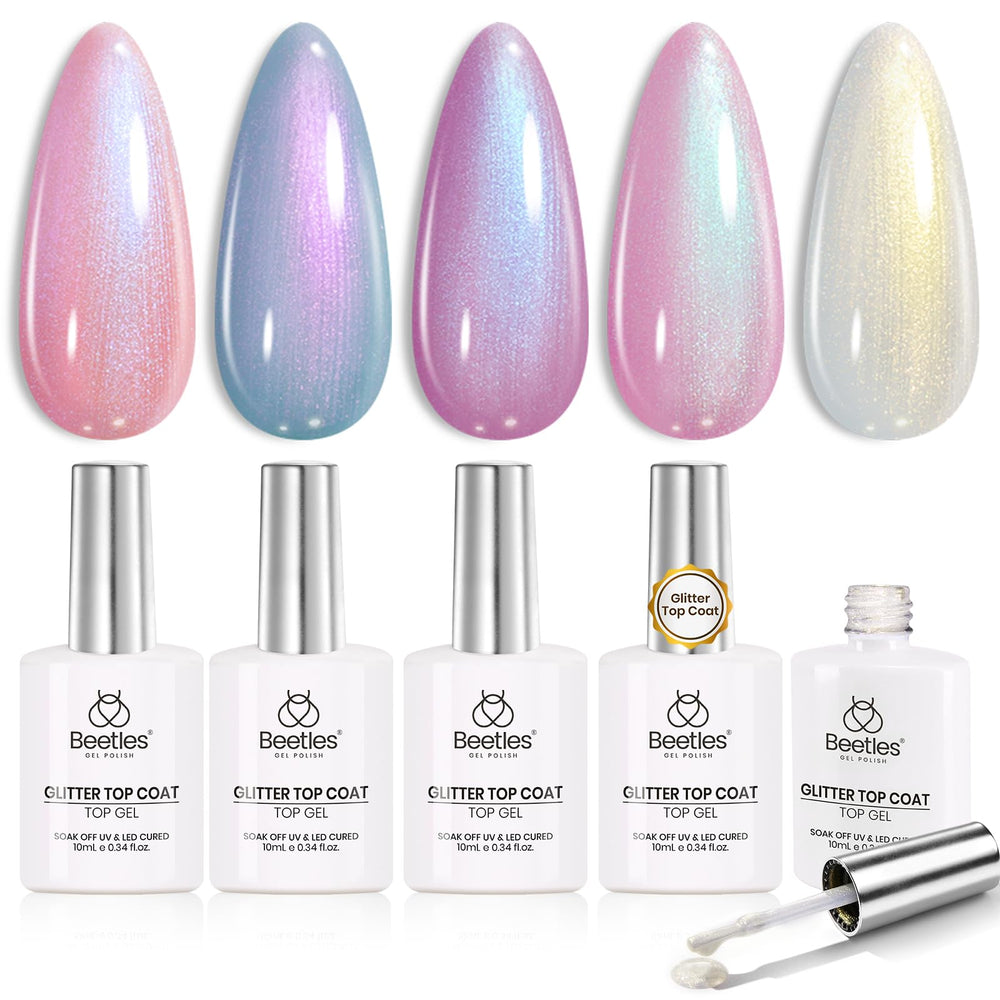 Beetles Pearl Glitter Top Coat Blessed purple bottle adds iridescent shimmer to nails