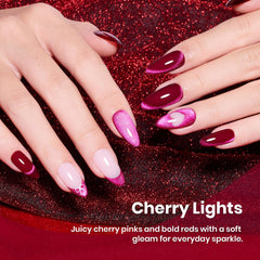 Close-up of Beetles pink cat eye gel polish with glossy finish.