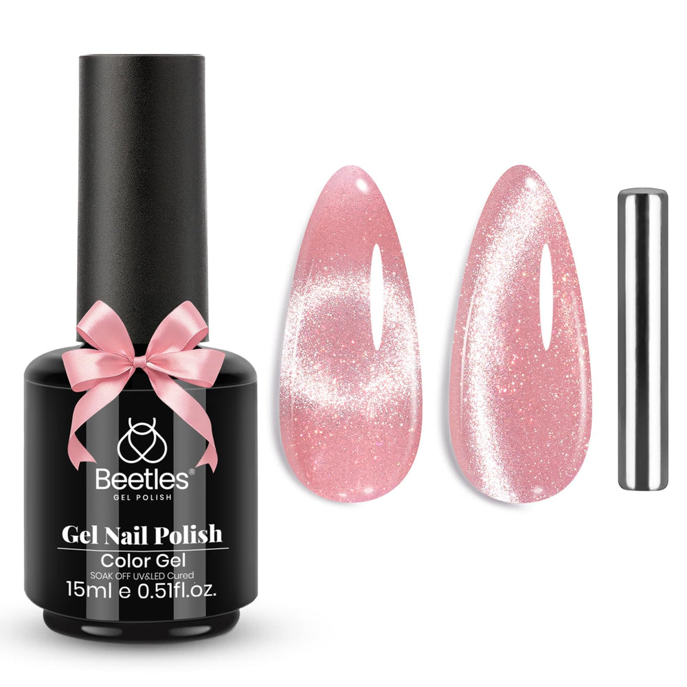 Beetles Pink Cat Eye nail polish bottle showing magnetic shimmer for a romantic effect.