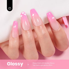 Beetles pink gel polish bottle close-up showing glossy finish ready to cure.