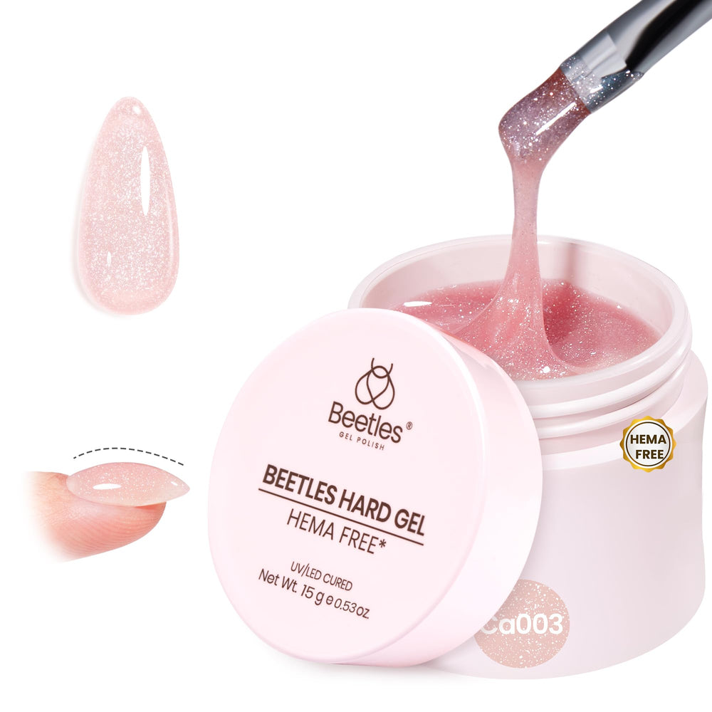 Beetles pink glitter HEMA-free hard gel in a jar for safe nail extensions with sparkle.