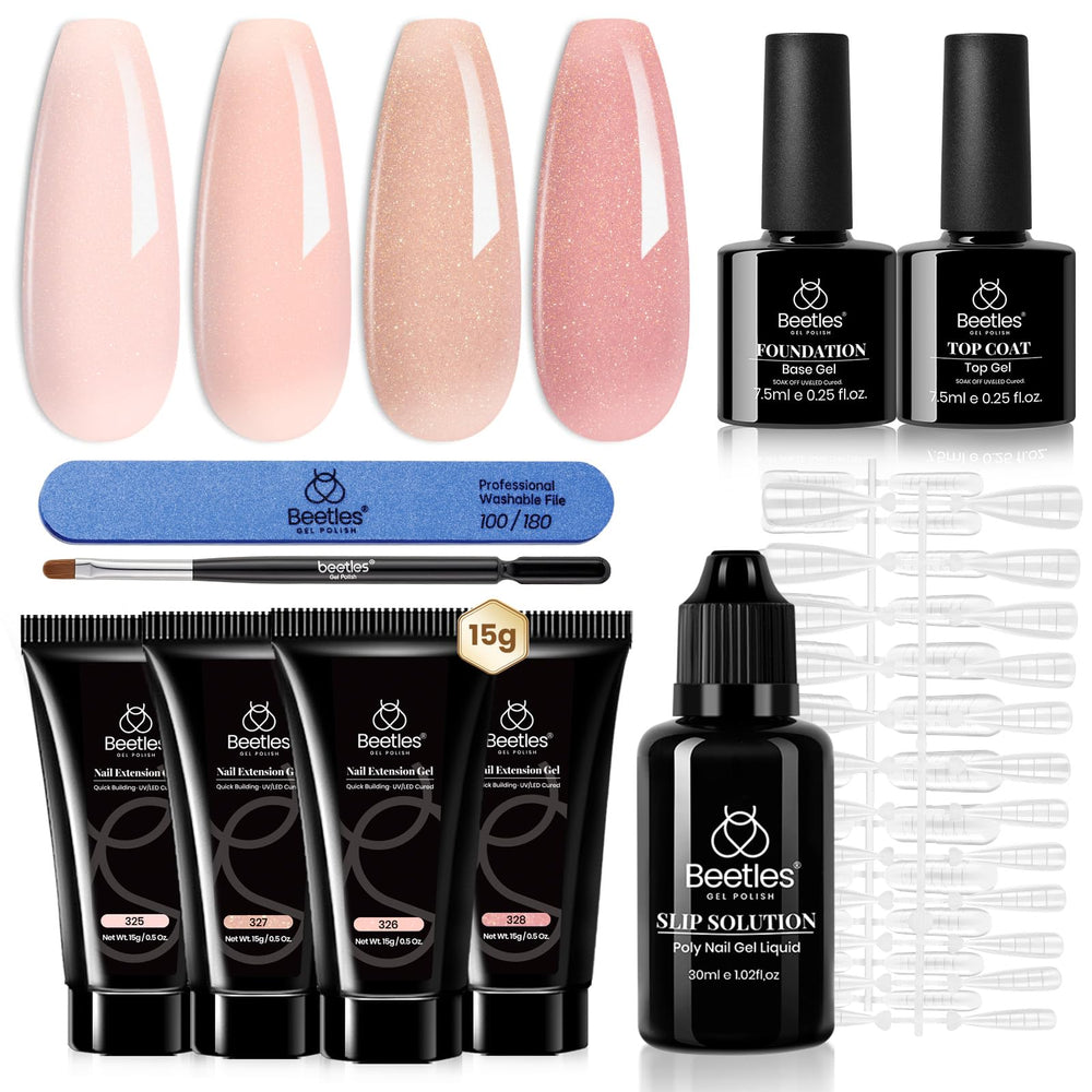 Beetles Poly Extension Gel Kit with pink nude colors offers natural-looking nail extensions.