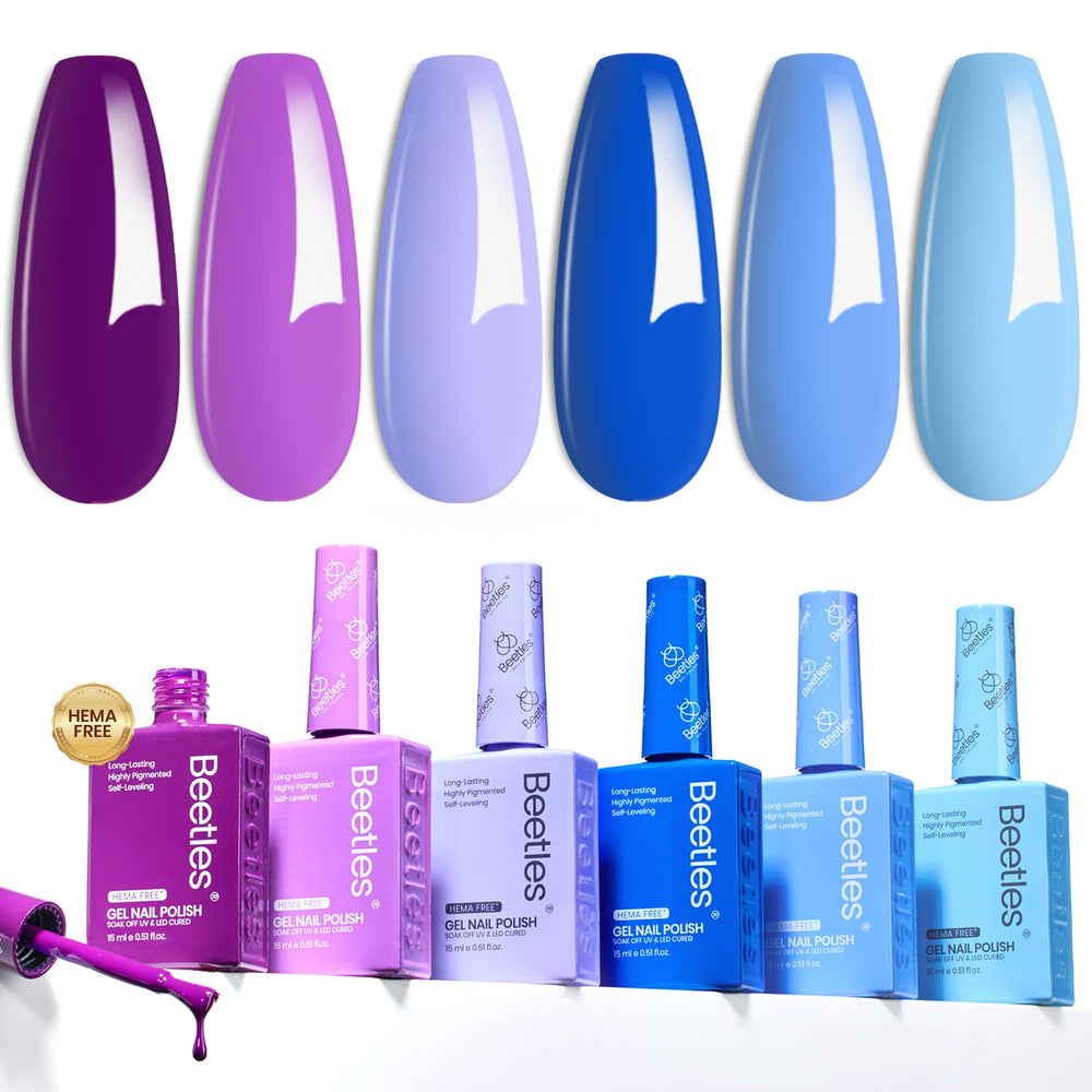 Beetles Purple Blue Gel Polish Set with six colors for versatile nails.