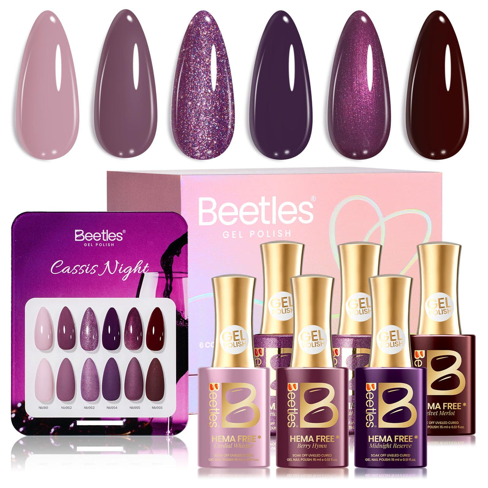 Beetles Purple Gel Polish Cassis Night bottle display for at-home manicure inspiration