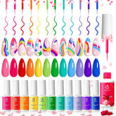Beetles Rainbow Gel Liner Set swatches show 12 neon colors for bold nail art.