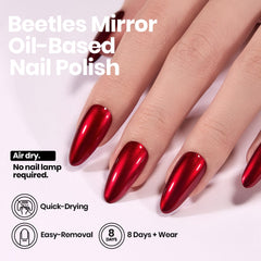 Beetles Red Chrome Nail Polish brush stroke highlights smooth, even application.