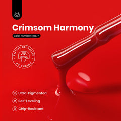 Close-up view of applying Beetles Crimson Harmony gel polish on nails.