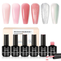 Beetles Rubber Base Gel packaging for nude pink 6-color set, ready to start nail art.