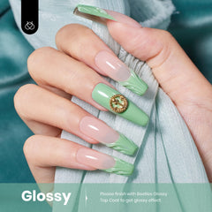 Beetles Sage Green gel polish brush stroke on nail for precise application