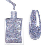 Beetles Gel Polish Silver Glitter bottle close-up shows quick-dry sparkle for festivals.