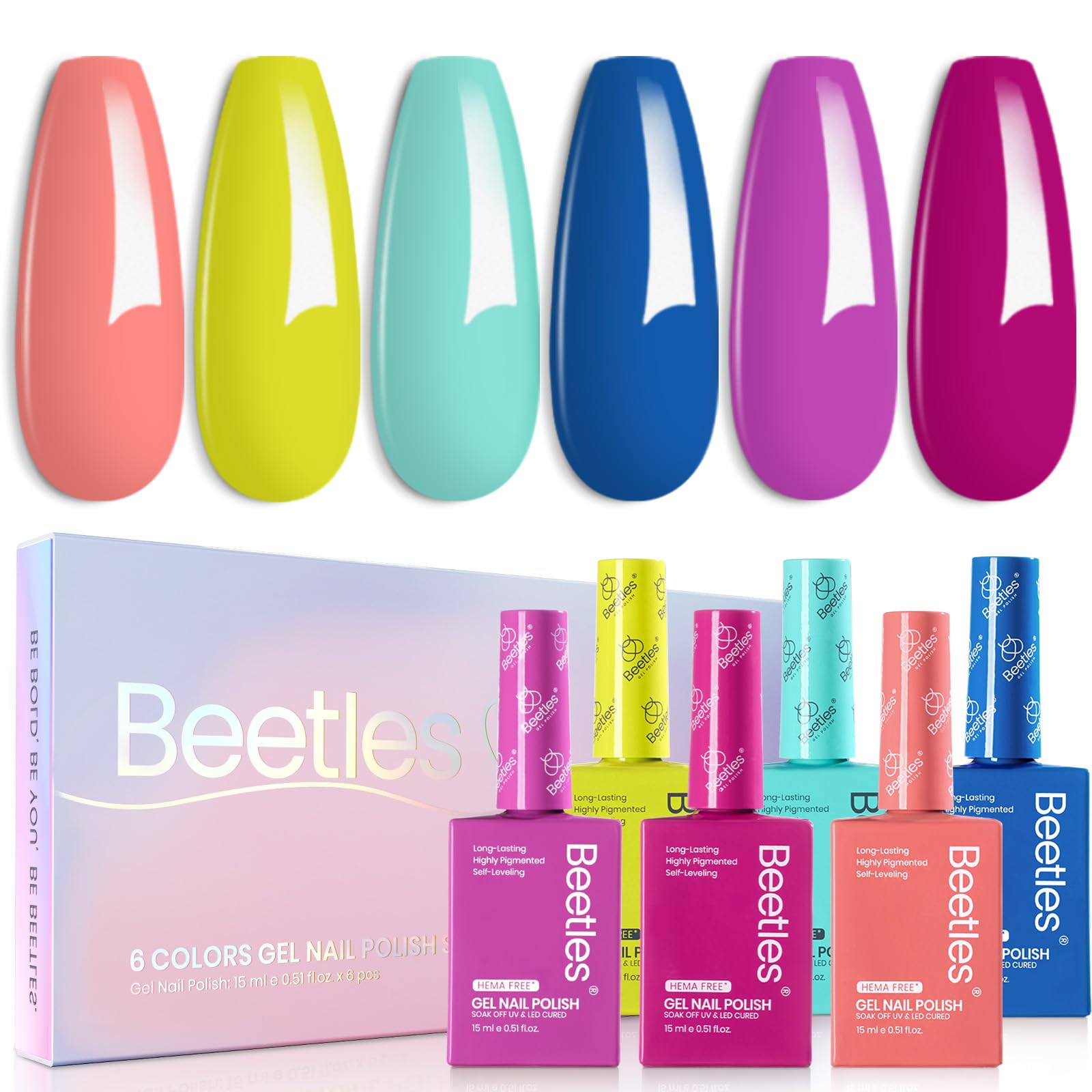 Beetles Spring Gel Nail Polish Set with six neon shades for vibrant DIY manicures.