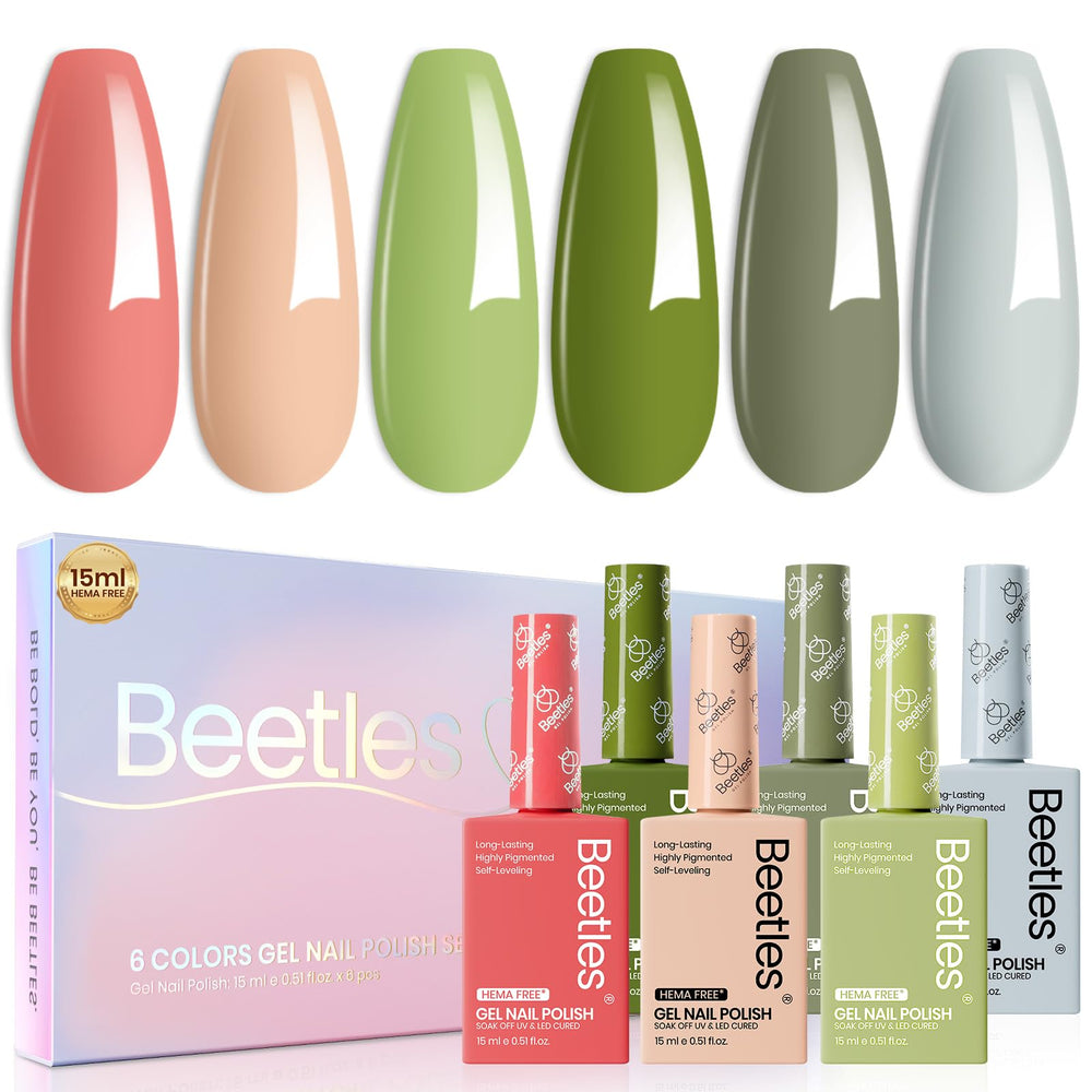 Beetles Spring gel polish set packaging shows six colors for easy home manicures.