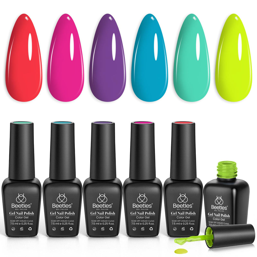 Beetles Spring Gel Polish Set palette displaying six vibrant shades for at-home manicures.