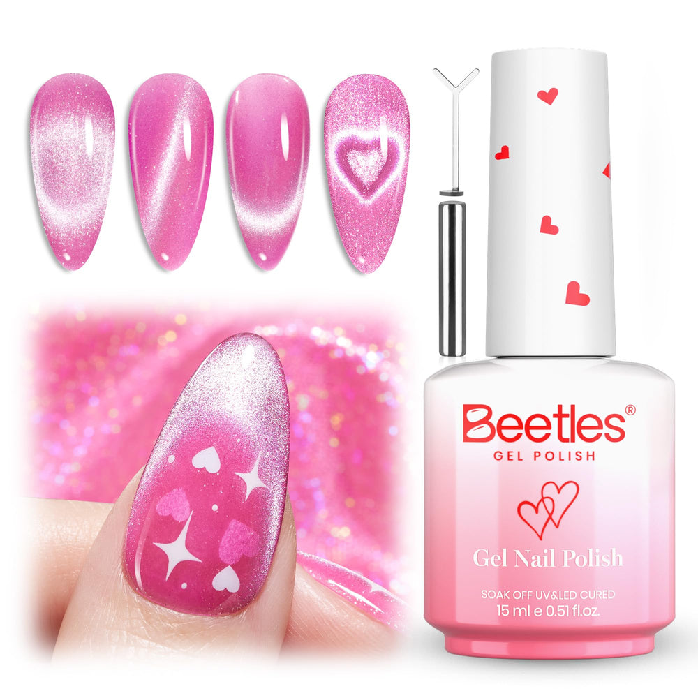 Beetles Sweet Crush Glow Pink Cat Eye polish bottle with romantic shimmer for Valentine's nails