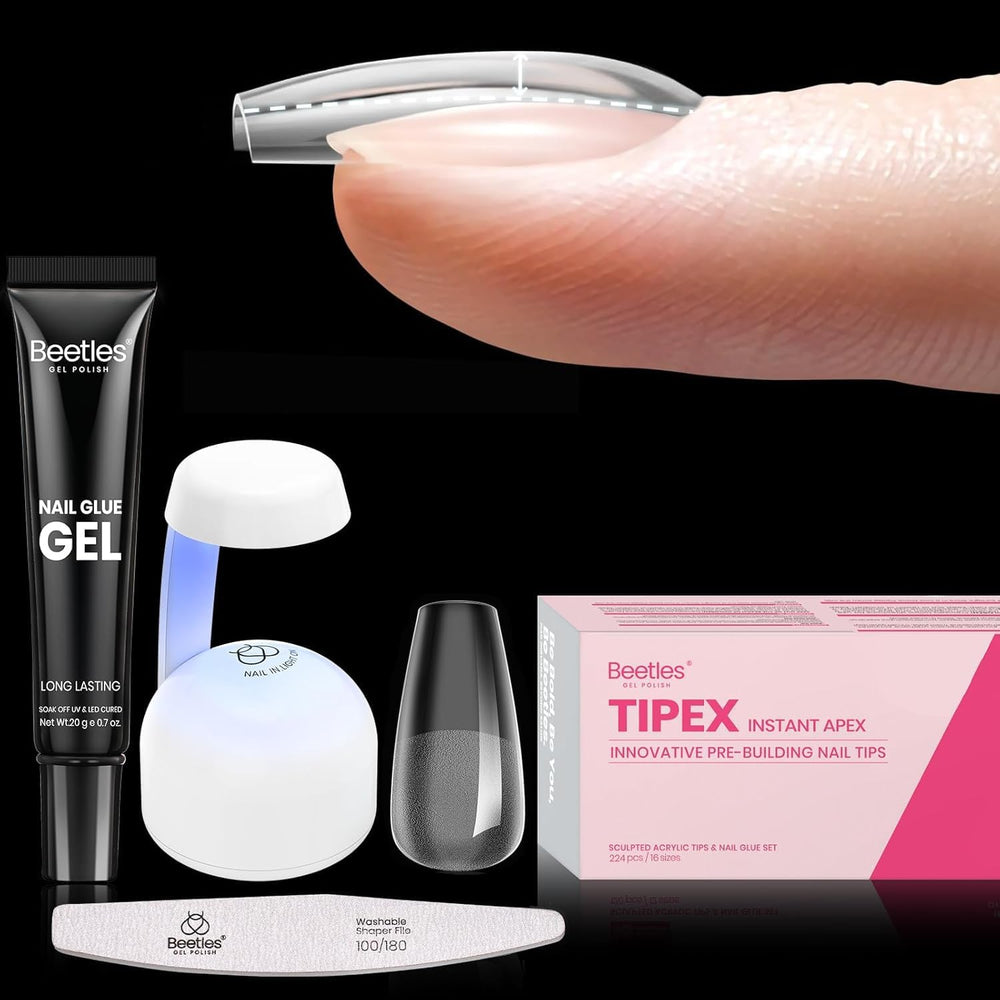 Beetles Tipex Gel Nail Kit contents show 224 tips, glue, lamp, and file.