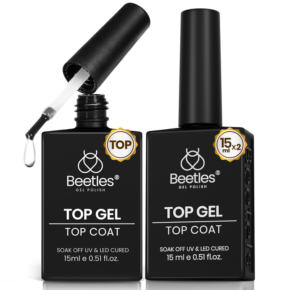 Beetles Top Coat 2pcs 15ml bottles deliver a high-gloss finish for DIY nails.