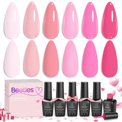 Beetles Valentines Gel Polish Set packaging highlights six complementary pink shades for coordinated manicures.