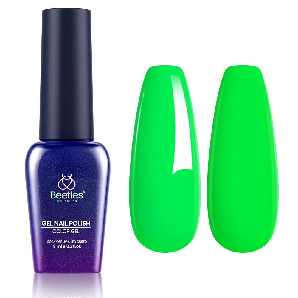 Beetles Valentines Green Gel Nail Polish bottle highlights vibrant neon shade for eye catching manicures