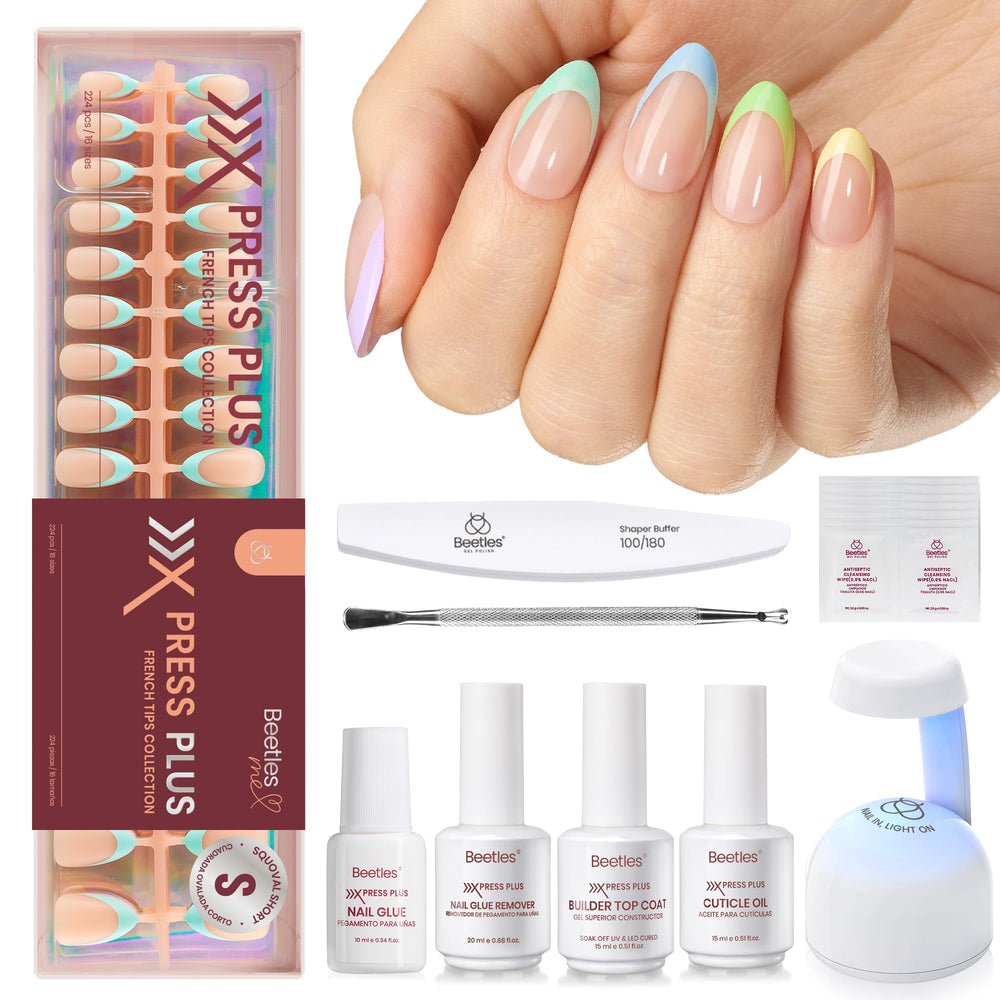 Beetles X Press Plus pastel French tips kit front view showing colors and tips for quick at‑home nails
